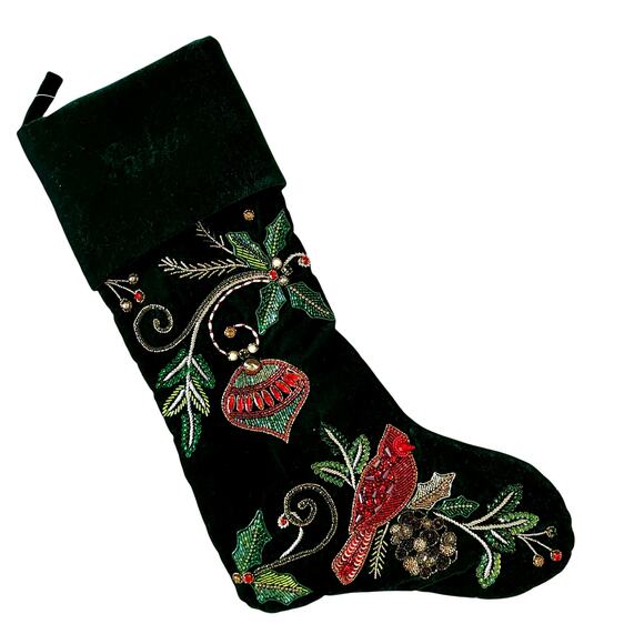 Neiman Marcus Embellished Green Velvet Christmas  Cardinal Stocking Holiday NEW - Picture 10 of 11